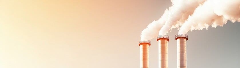 Controlling CO2 Emissions for a Low-Carbon Future, Industrial smokestacks releasing steam against a gradient sky backdrop.