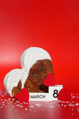 Women's day 8 March wooden calendar cubes wishes greeting holiday card Heartshaped pastry croissant...