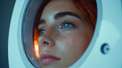 Patient focusing intently during eye examination process