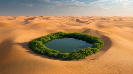 Peaceful green oasis surrounded by desert sands