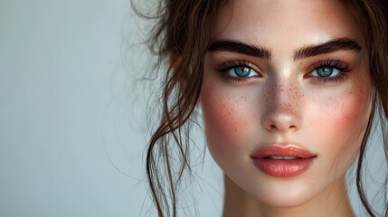 Pensive woman with striking features and natural beauty