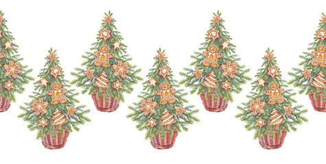 Watercolor seamless border with Christmas tree in basket and gingerbread man and snowflake on white background. Forest evergreen fir or pine. Hand-drawn rim with food for New Year wrapping wallpaper