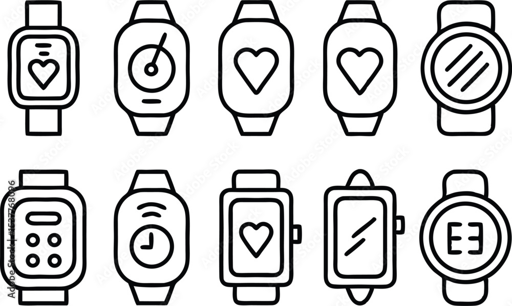 Poster fitness tracker outline icons set real time monitoring data isolated on transparent background