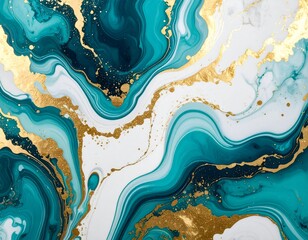 Abstract background of swirling aqua and gold ink in water