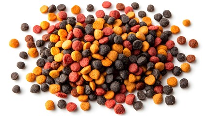Pile of dry colorful cat food isolated on white background