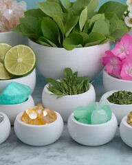 Assortment of Green Herbs and Crystals in White Bowls on Marble