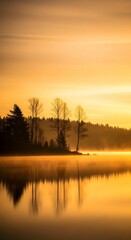 Golden Sunrise Over Misty Lake with Silhouetted Treeline and Perfect Reflections in Vertical Composition