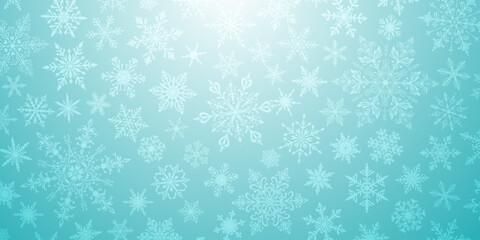 A vibrant Christmas illustration featuring various intricate snowflakes of varying sizes and designs, white on light blue gradient background.
