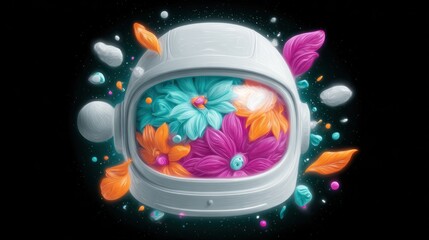 Astronaut Helmet Filled with Vibrant Flowers in Space Pixel Art