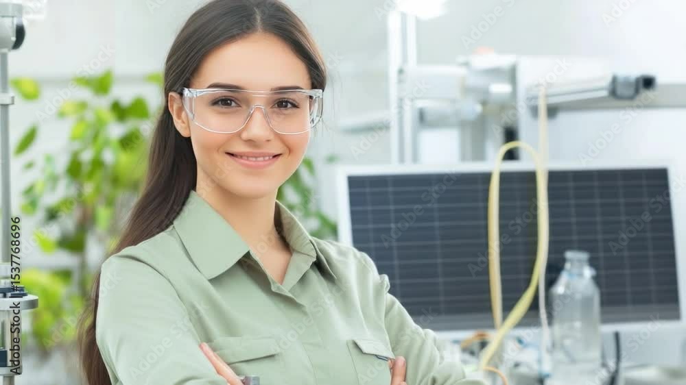 Aufkleber smiling scientist in laboratory: a determined scientist stands confidently in a modern laboratory, e