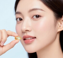 Healthy Asian Woman Holding Fish Oil Pill, Radiant Skin and Wellness Routine, Beauty and Health Supplements