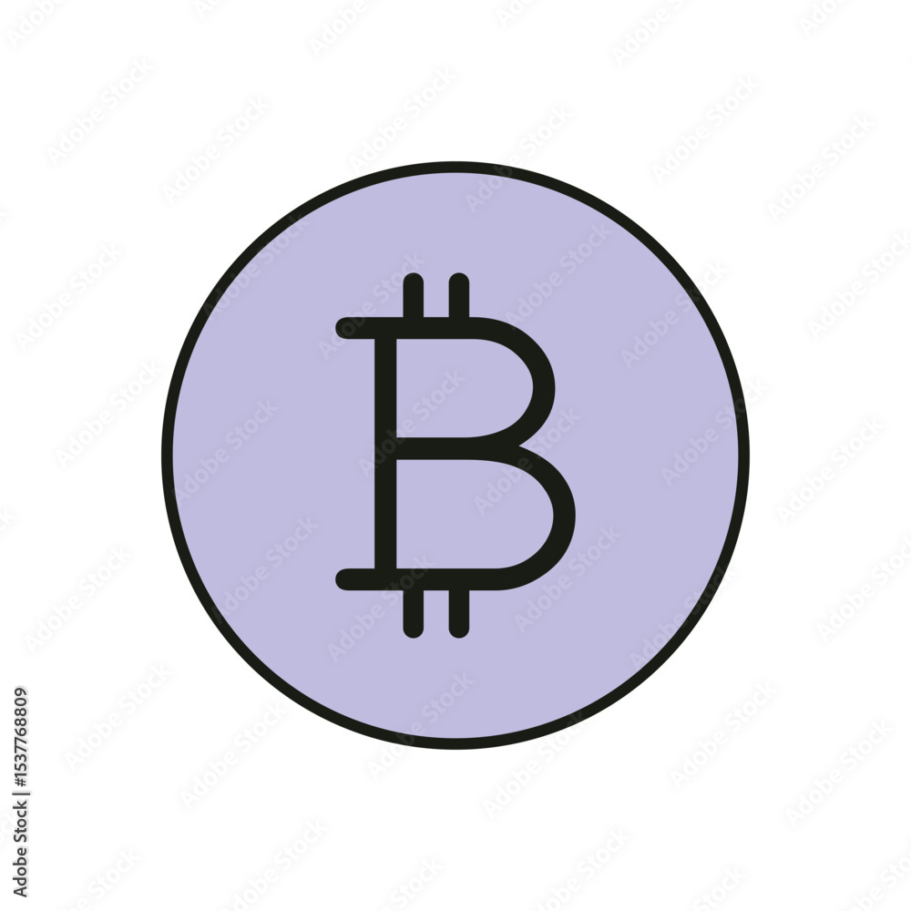 Poster minimalist vector symbol of bitcoin coin in a round shape with black line art on light purple