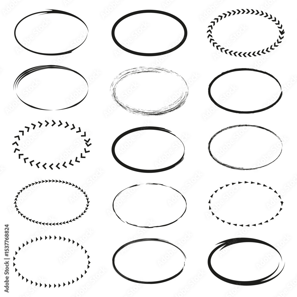 Poster oval stroke elements. thin ellipse icon. dashed outline vector. contour shape figure.