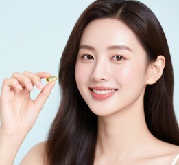 Fish Oil Supplement Concept with Asian Woman Holding Capsule, Skincare and Wellness Benefits