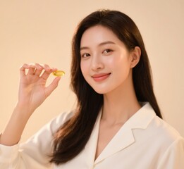 Young Asian Woman Holding Fish Oil Capsule for Glowing Skin and Wellness, Promoting Beauty Supplements and Healthy Lifestyle