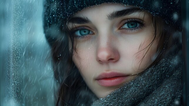 Portrait of a woman with a pensive expression in the winter snow