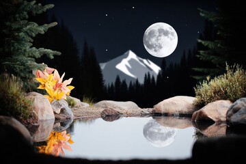 Autumn Night Landscape with Full Moon over Mountain