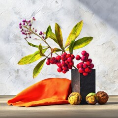 Autumn Still Life with Red Berries and Orange Fabric