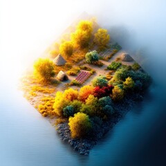 Autumnal Island Village Aerial View: Colorful Trees and Garden