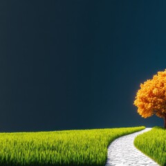 Autumnal Landscape with Winding Stone Path and Solitary Tree