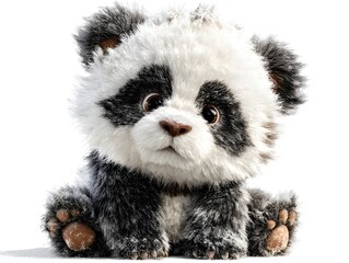 Obraz premium A fluffy panda bear cub sits sweetly while looking forward with big brown eyes on a white background image.