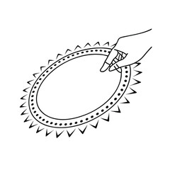 Hand touching decorative oval frame with ornate border and black outline illustration