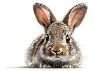 Obraz premium A fluffy brown bunny with large ears and bright eyes looks directly at the viewer on a plain white background.