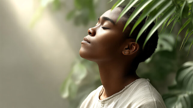 A person with closed eyes enjoys a peaceful moment surrounded by greenery and soft natural light.
