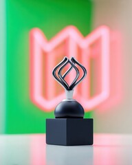 Abstract Silver Esports Trophy with Neon Red and Green Background