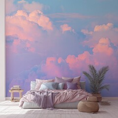 Pastel cloudscape wallpaper in bedroom