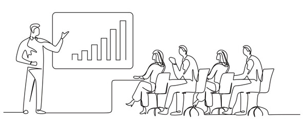 Obraz premium continuous single line art of a group of workers discussing and making plans to increase the profit graph