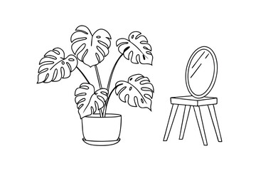 Black and white line art illustration of a monstera plant and a mirror