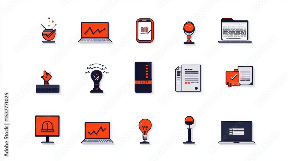 Poster a diverse set of icons representing various aspects of technology data analytics and business in a m