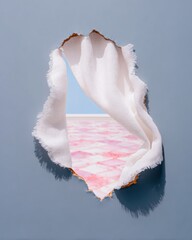 Abstract Surreal Hole in Blue Wall Revealing Pink Floor and White Fabric