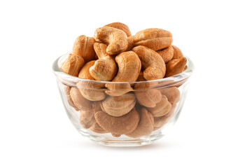 Glass bowl of roasted cashew nuts isolated on white background
