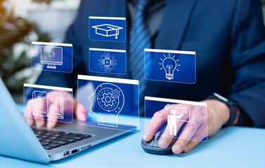 Digital internet lessons and online seminars displayed on virtual screens. E-learning platforms empower entrepreneurs to engage with internet and digital technology education.