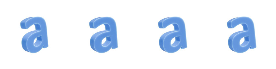 Set of 4 3d blue solid plastic of letter a shapes isolated on a transparent background. Lower case. 3d education elements for graphic design.