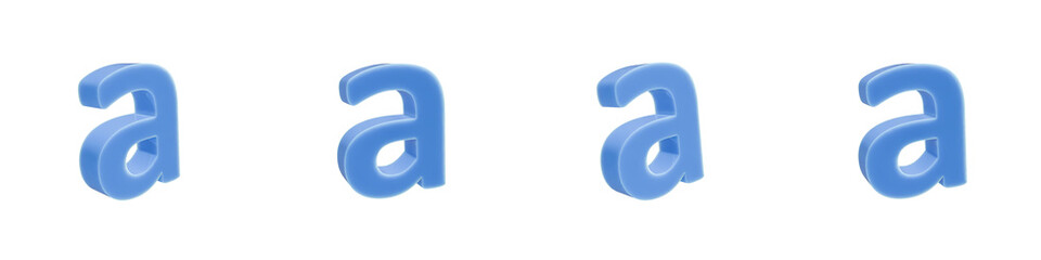 Set of 4 3d blue solid plastic of letter a shapes isolated on a transparent background. Lower case. 3d education elements for graphic design.
