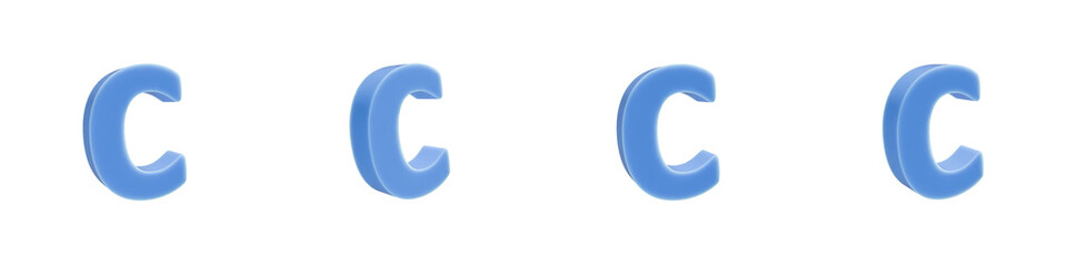 Set of 4 3d blue solid plastic of letter c shapes isolated on a transparent background. Lower case. 3d education elements for graphic design.