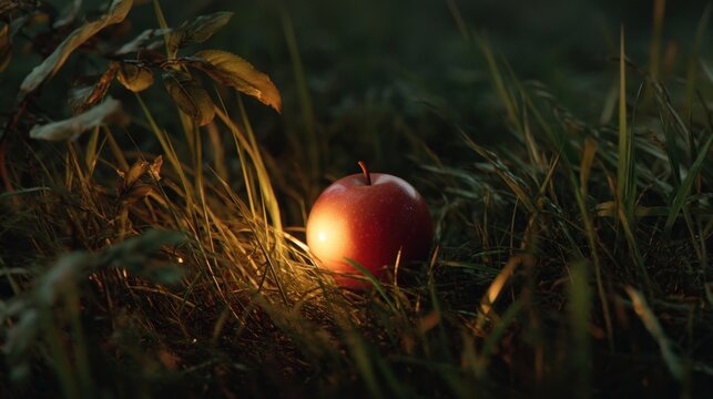 Glowing apple in grassy nighttime scene - Powered by Adobe