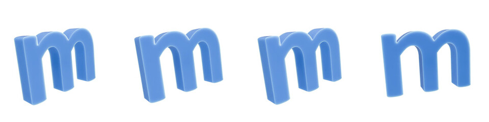 Set of 4 3d blue solid plastic of letter m shapes isolated on a transparent background. Lower case. 3d education elements for graphic design.