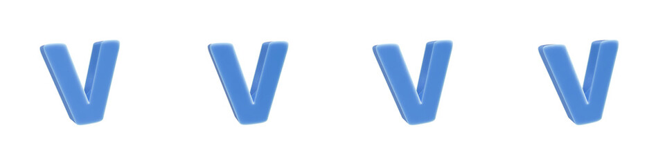 Set of 4 3d blue solid plastic of letter v shapes isolated on a transparent background. Lower case. 3d education elements for graphic design.