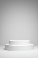 Staggered white podiums in front of neutral grey gradient, ultra-smooth finish with side lighting, modern branding mockup scene