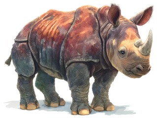 Fototapeta premium Watercolor painting of a young rhinoceros standing alone with detail on its skin against a white background.