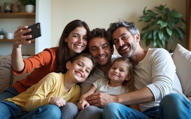 Smiling family spending quality time sitting on couch and taking selfie with smartphone. People of different ages enjoying and capturing memorable moments together sitting closely in living room