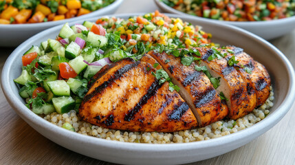 Grilled chicken served with couscous and fresh vegetables creates vibrant summer meal