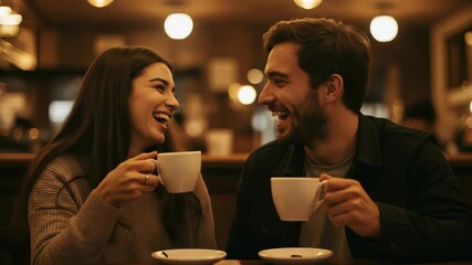 Couple laughing while drinking coffee in a cozy cafe setting, joyful and romantic moment - Powered by Adobe