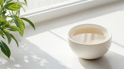 Serene moment with smooth white bowl filled with water, sunlight casting gentle shadows