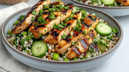 Grilled chicken served on bed of couscous with fresh vegetables creates vibrant summer meal