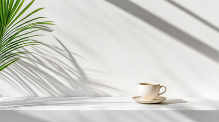 Serene tea moment with smooth cup and saucer, complemented by soft shadows